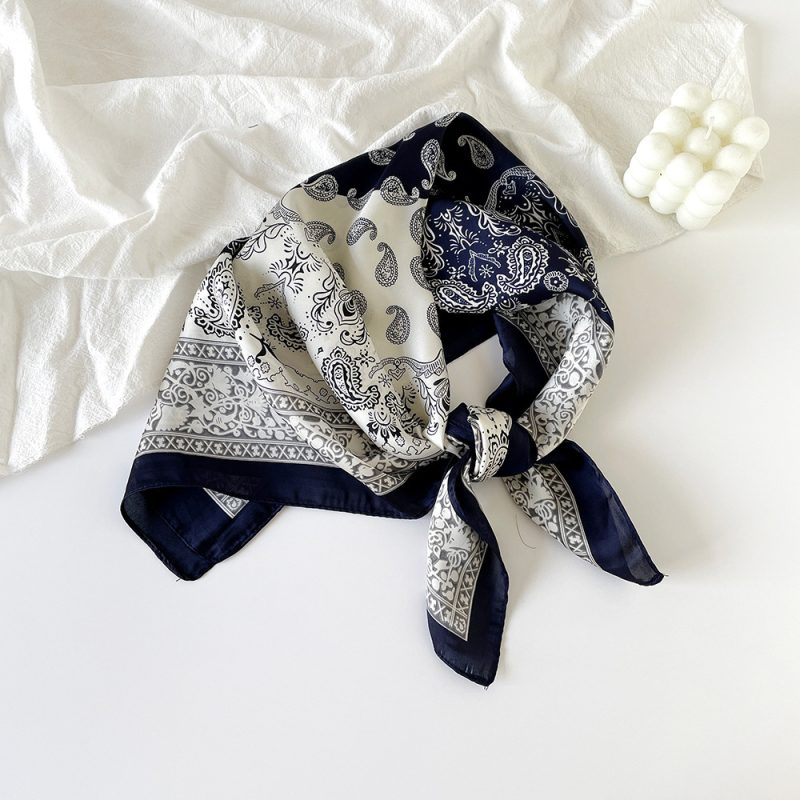 AISu 藏青 Silk Square Scarf - 70cm Chiffon Printed Pattern - Summer Fashion Bandana Neck Scarf - 1 Piece - MadeInPanda