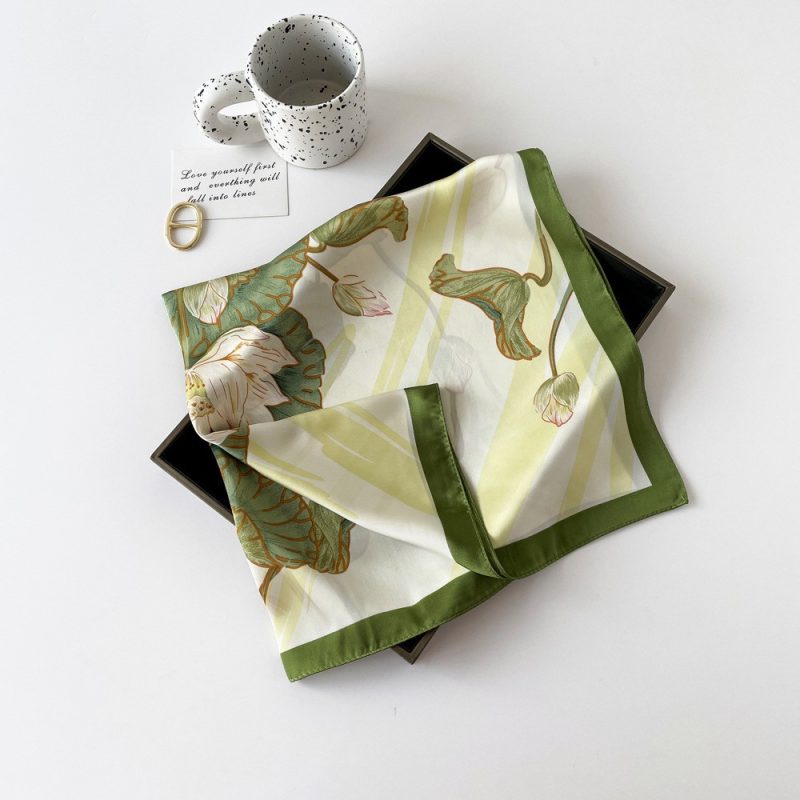 AISu 荷花绿 Silk Square Scarf - 70cm Chiffon Printed Pattern - Summer Fashion Bandana Neck Scarf - 1 Piece - MadeInPanda