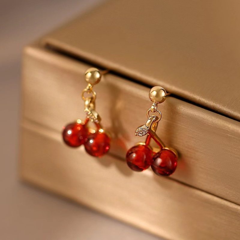Red cherry stud earrings pair MadeInPanda