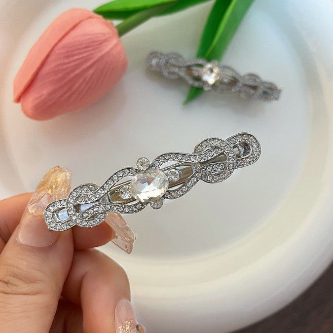 Pearl Camellia Gold Duckbill Hair Clip 白钻幸运结银色