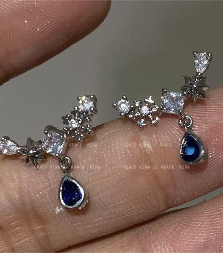 Blue Zircon Star Teardrop Earrings - Silver