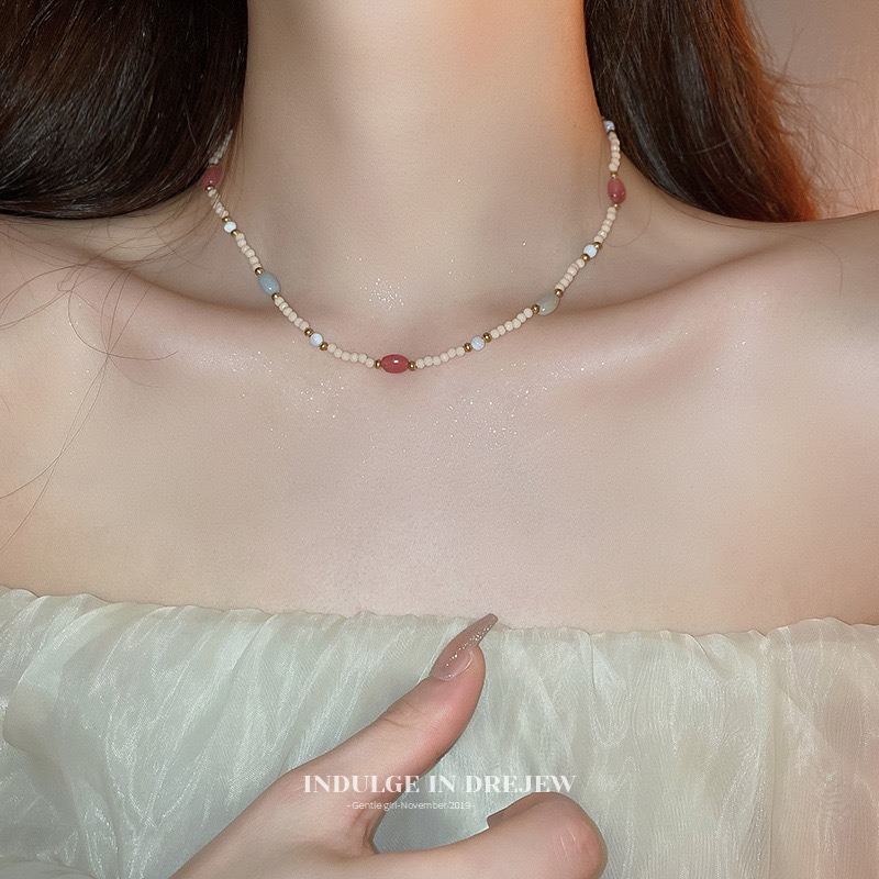 Pink Green Oval Crystal Necklace
