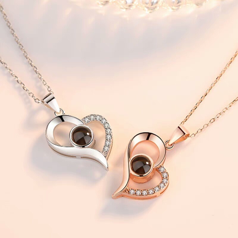 100 Languages I Love You Projection Heart Pendant Necklace Front