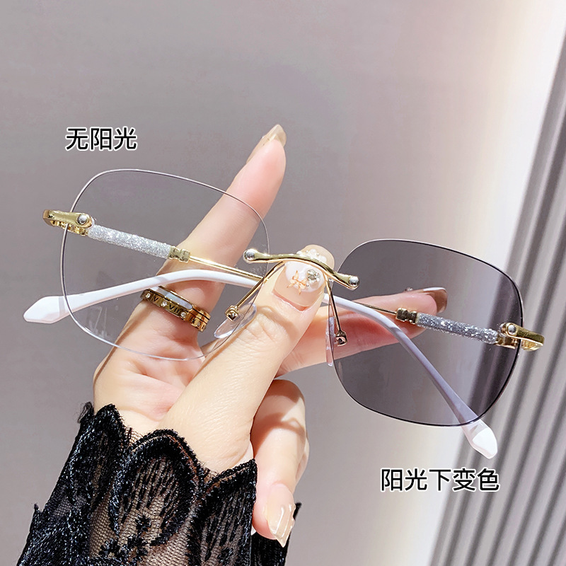 Photochromic Rimless Glasses - Anti-Blue Light Transition Lenses - Starlight Sparkle Cut Edge Myopia Prescription Glasses for Women - Stylish Square Frame - 1 Pair - Image 1 - MadeInPanda