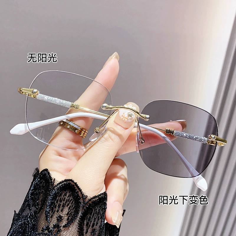Photochromic Rimless Glasses - Anti-Blue Light Transition Lenses - Starlight Sparkle Cut Edge Myopia Prescription Glasses for Women - Stylish Square Frame - 1 Pair - Image 1 - MadeInPanda
