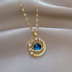 Vintage Star Moon Rhinestone Pendant Necklace - Antique Gold