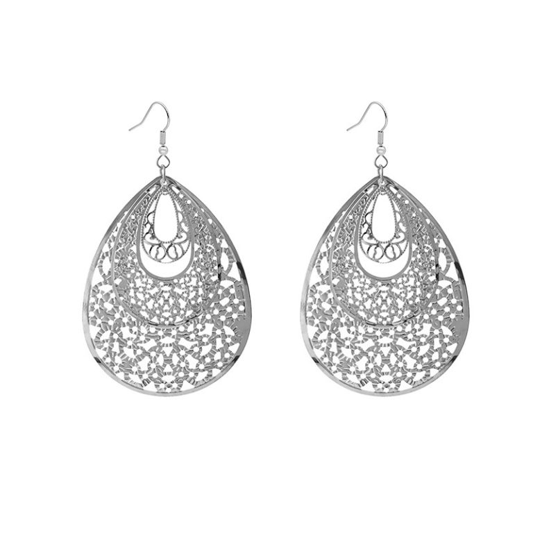 Layered Metal Earrings - E1058 Drop Silver - MadeInPanda