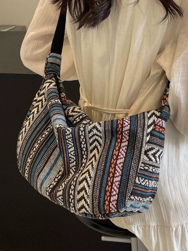 Canvas Large Capacity Tote Shoulder Bag for Women - Boho Ethnic Print Crossbody Bag - Vintage Retro Casual Daily Handbag - Durable Canvas Material with Zip Closure - Medium Size 28x10x21cm - Trendy Fashion Everyday Bag - 1 Piece - Image 2 - MadeInPanda