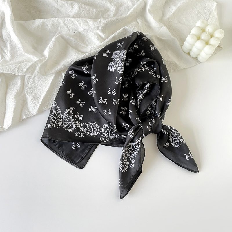AISu 黑色 Silk Square Scarf - 70cm Chiffon Printed Pattern - Summer Fashion Bandana Neck Scarf - 1 Piece - MadeInPanda