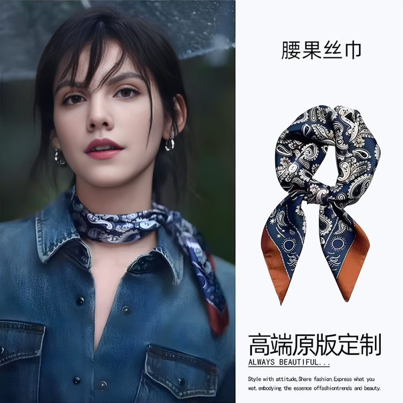 AISu 藏蓝 Silk Square Scarf - 70cm Chiffon Printed Pattern - Summer Fashion Bandana Neck Scarf - 1 Piece - MadeInPanda