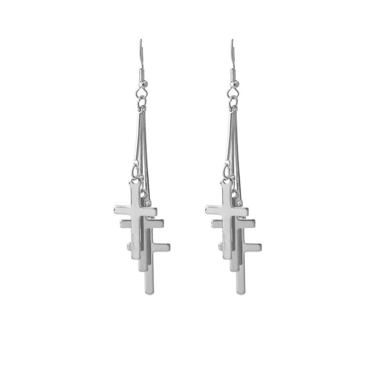 Layered Metal Earrings - E1453-7 Cross Silver - MadeInPanda
