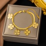 Titanium Steel Bracelet - Double Clover Gold 5108 - MadeInPanda