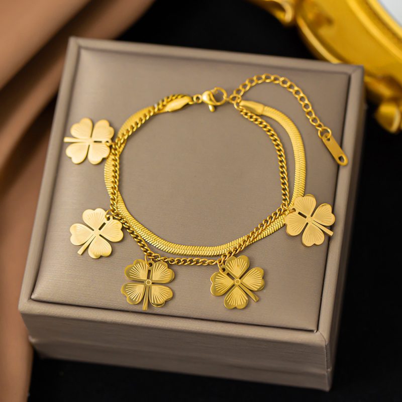 Titanium Steel Bracelet - Double Clover Gold 5108 - MadeInPanda