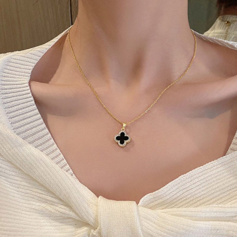 Black four-leaf clover pendant necklace with gold chain MadeInPanda