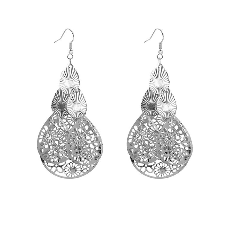 Layered Metal Earrings - E4941-3 Drop Silver - MadeInPanda