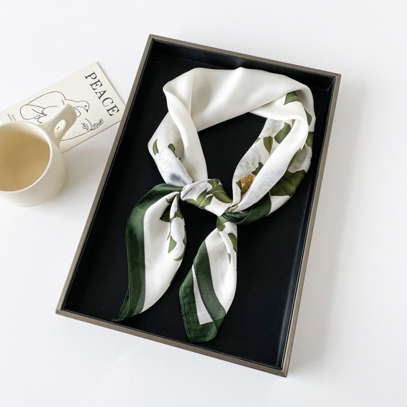AISu 山茶花 Silk Square Scarf - 70cm Chiffon Printed Pattern - Summer Fashion Bandana Neck Scarf - 1 Piece - MadeInPanda