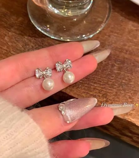 Bow Rhinestone Earrings - Silver