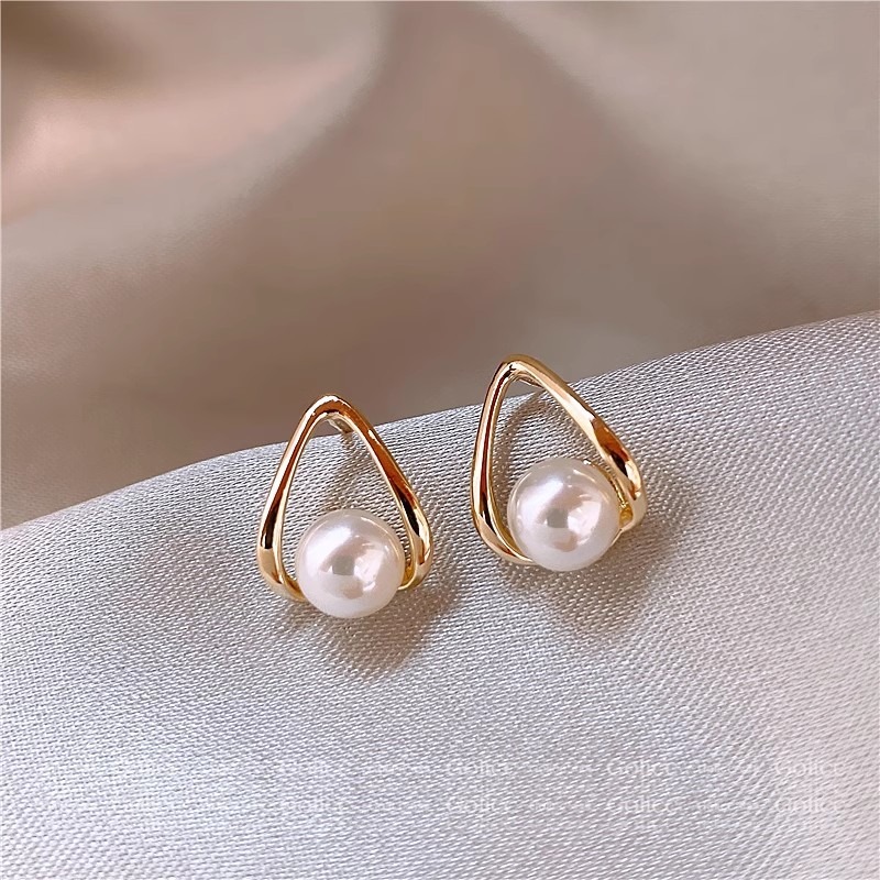Triangle Pearl Stud Earrings - Gold