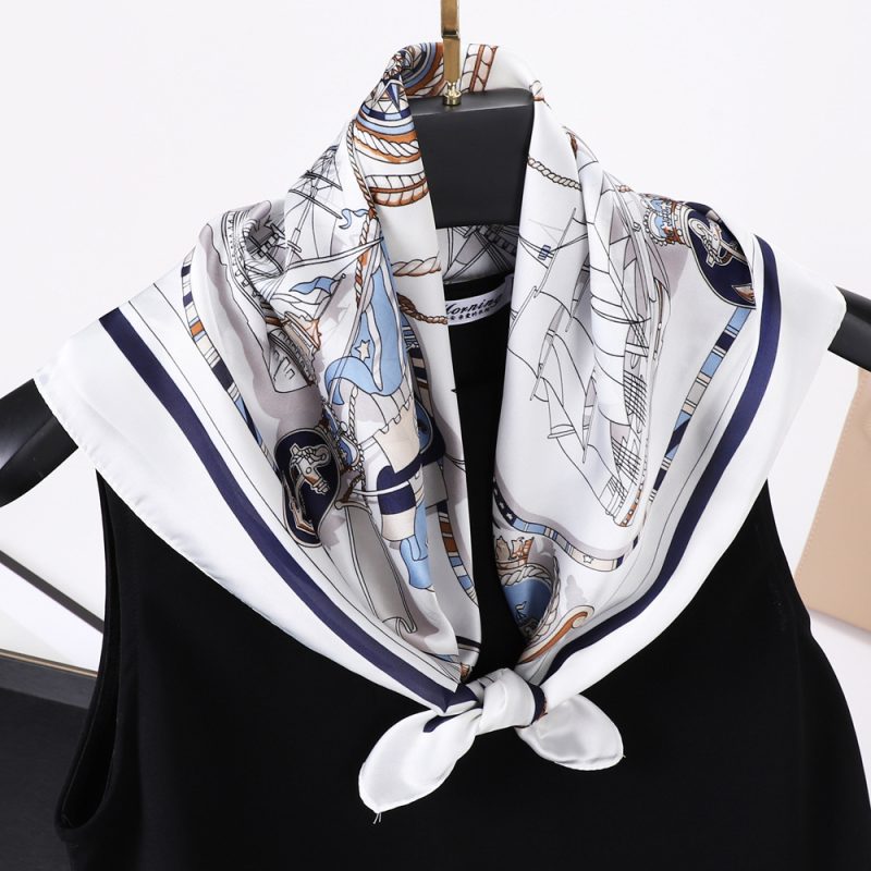 AISu 帆船白 Silk Square Scarf - 70cm Chiffon Printed Pattern - Summer Fashion Bandana Neck Scarf - 1 Piece - MadeInPanda
