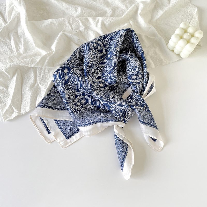 AISu 蓝色腰果 Silk Square Scarf - 70cm Chiffon Printed Pattern - Summer Fashion Bandana Neck Scarf - 1 Piece - MadeInPanda