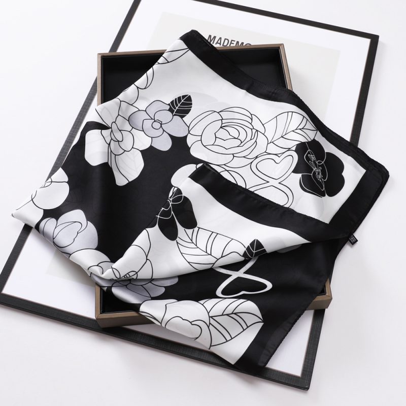 AISu 黑色花 Silk Square Scarf - 70cm Chiffon Printed Pattern - Summer Fashion Bandana Neck Scarf - 1 Piece - MadeInPanda