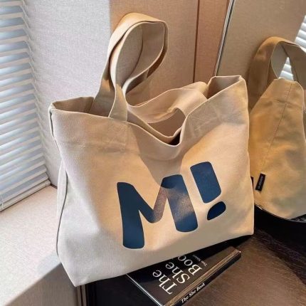 Canvas Tote Bag for Women - Large Capacity Shopping Shoulder Bag - Simple Versatile Handbag with Letter Print - Medium Size - Durable Canvas - 1 Piece - Image 1 - MadeInPanda