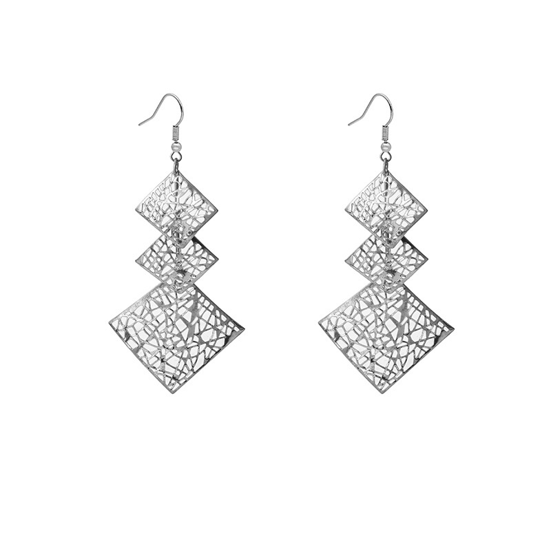 Layered Metal Earrings - E4941-6 Hollow Diamond Silver - MadeInPanda