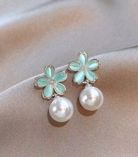 Blue Petal Pearl Earrings - Silver