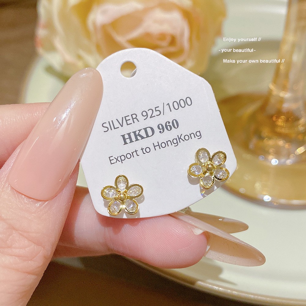 E0317__ Silver Tone Zircon Sparkle Stud Earring S925 Silver - 图片 1