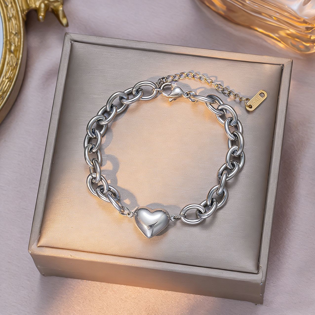 MP-BR-0034 Steel Heavy Link Heart Bracelet - 图片 1
