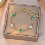 Gold Three-Green Two-White Double Layer Bracelet