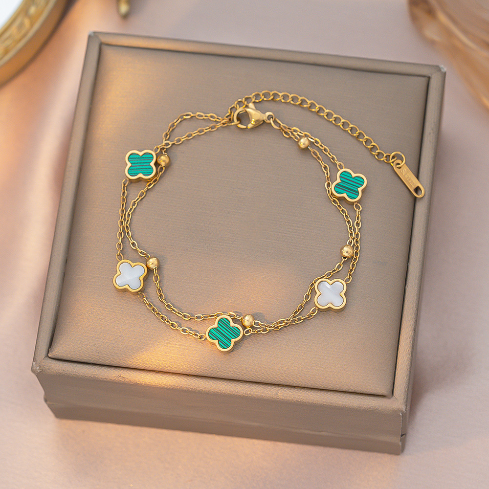 MP-BR-0060 Gold Three-Green Two-White Double Layer Bracelet - 图片 1