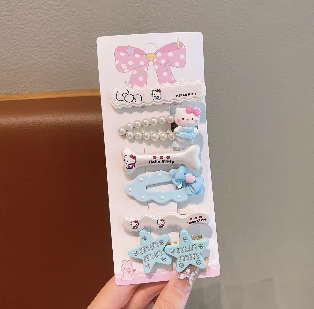 MP-HC-0050 Hello Kitty Pearl Blue-White 6-Piece Hair Clip Set - 图片 1