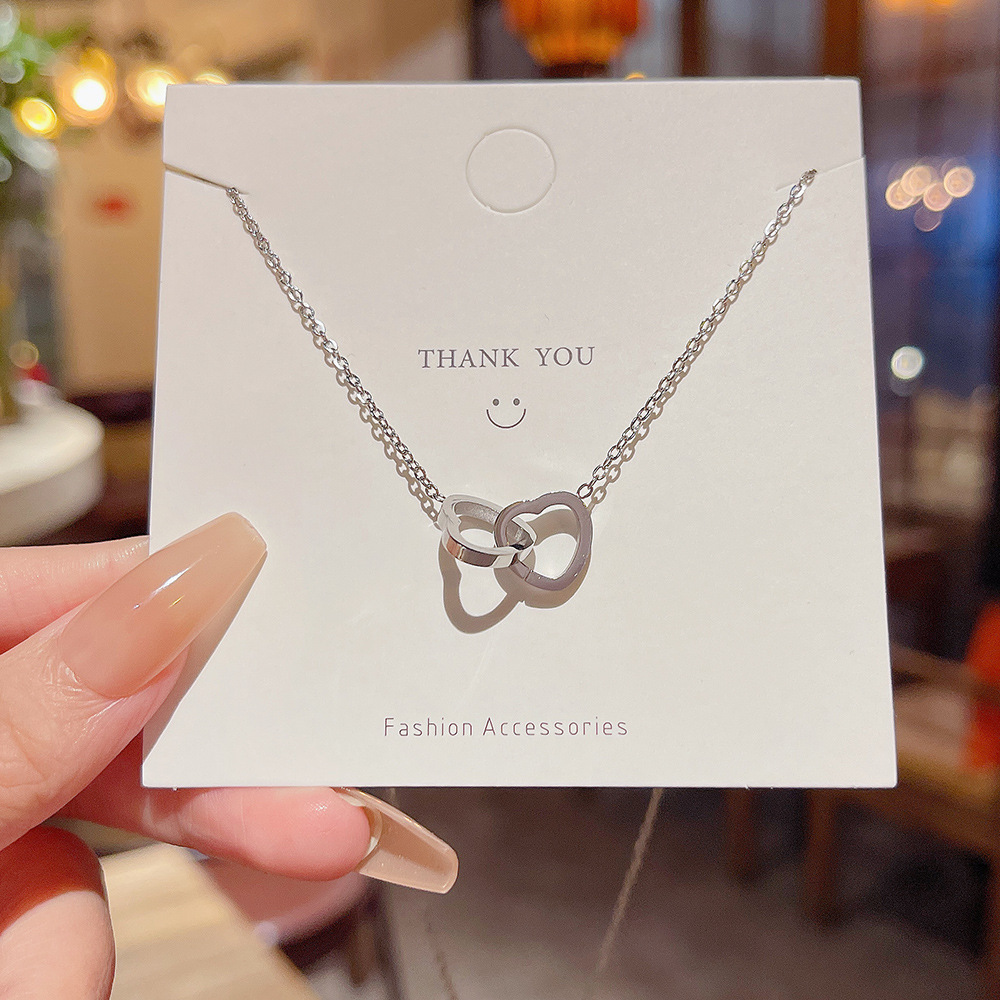 MP-NK-0013 Silver Double Ring Heart Necklace - 图片 1
