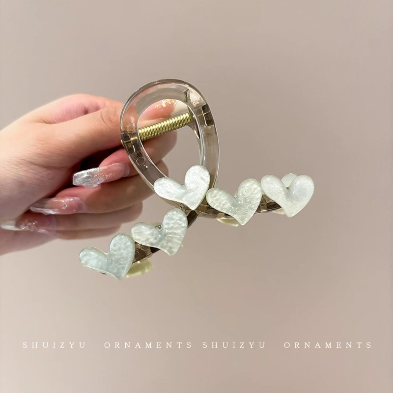 MP-SHARK-0046 Gray-Green Heart 8.3cm Hair Claw Clip - 图片 1