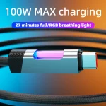 100W Fast Charging Braided Cable with RGB Breathing Light - 1.2m USB C