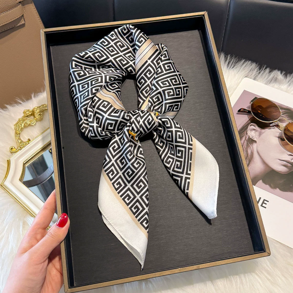 silk-scarf-1 French Style Printed Silk Square Scarf - 70x70cm Fashion Headscarf & Neck Wrap - 图片 1