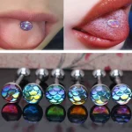 Titanium Steel Tongue Ring - Mermaid Scale Tongue Piercing Barbell - 14 Colors x 6 Sizes