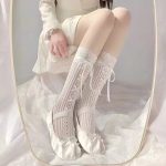 Hollow-Out Lace Mid-Calf Socks with Bow — Mary Jane Thin Mesh Stack Socks (One Size)