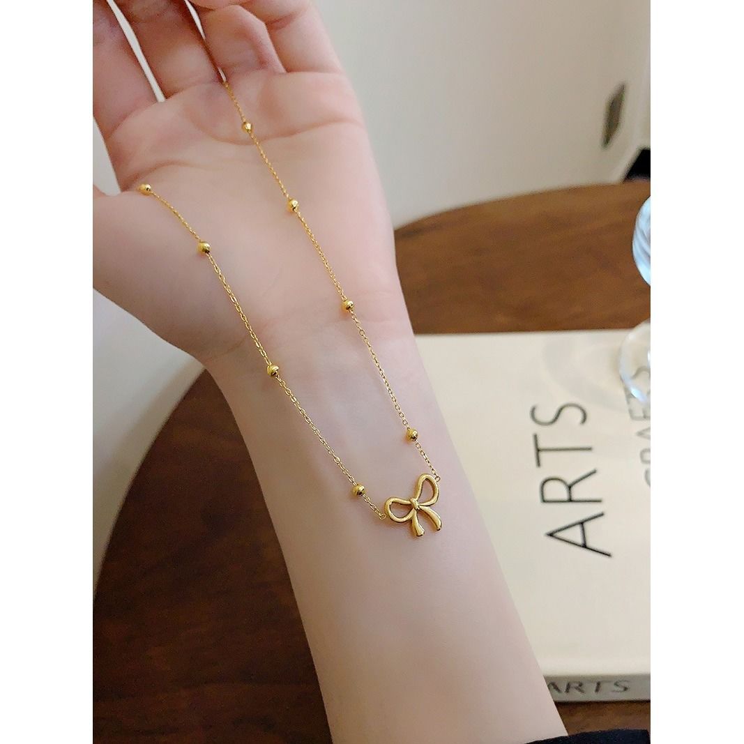 fs732_necklace Openwork Bow Jewelry Set for Women - Stainless Steel Anti-Tarnish Necklace Bracelet Anklet Earrings - 图片 1